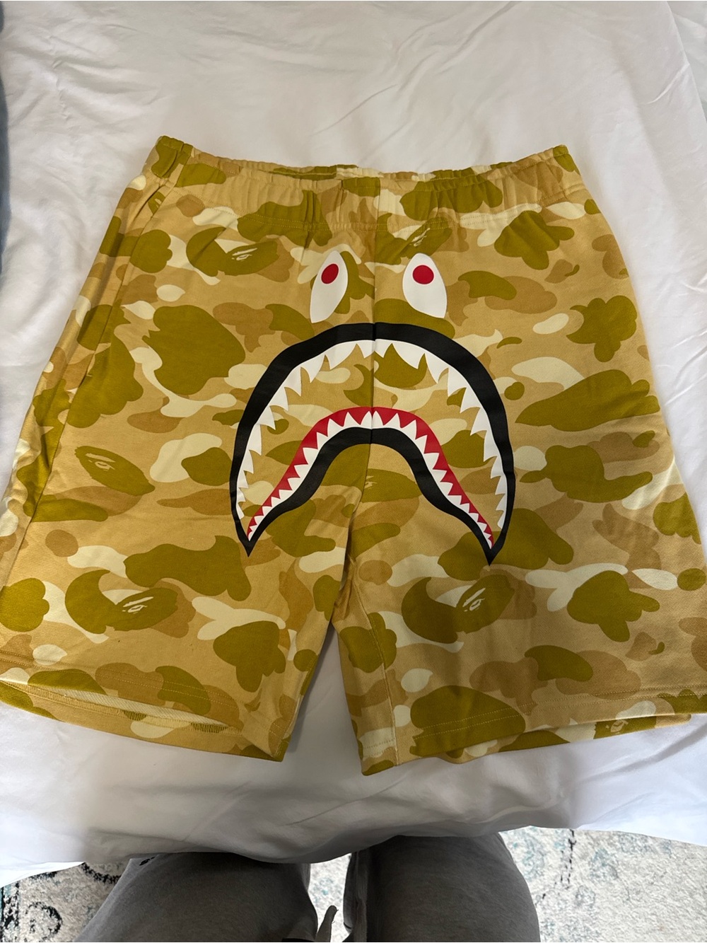 Authentic Bape Camo Shark Graphic Athletic Shorts - Yellow/Tan